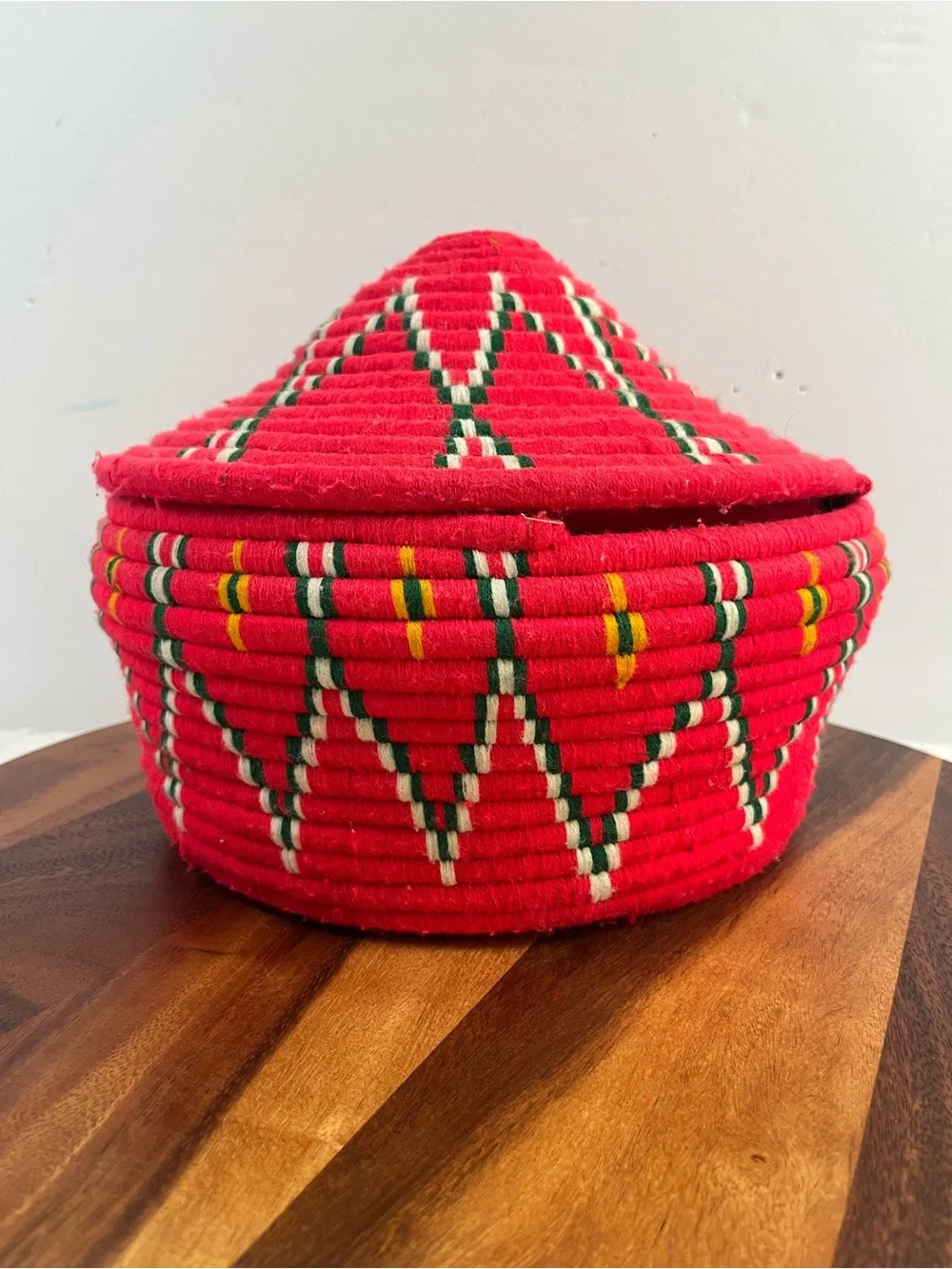 Vintage Ethiopian Handwoven Red Decorative Storage Basket with Lid